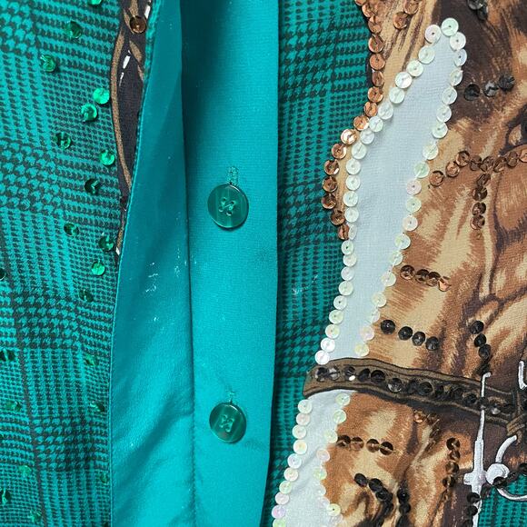Vintage Diane Gilman Pure Silk Sequin Embellished Horse Print Button Up Green 1X - Picture 9 of 9